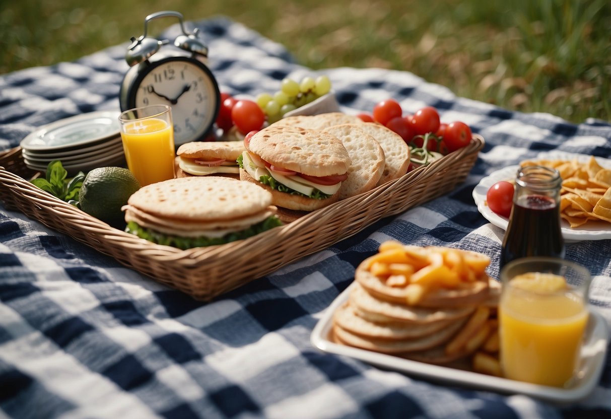 A picnic scene with disposable plates laid out on a checkered blanket, surrounded by a basket, food, drinks, and a clock to convey limited time