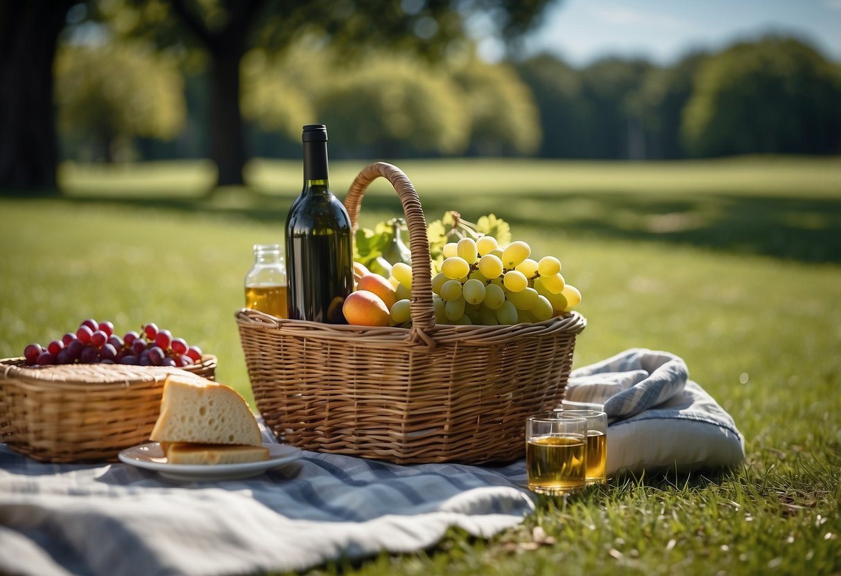 A picnic blanket being carried with a basket and a bottle of wine, surrounded by a lush green park with a clear blue sky overhead