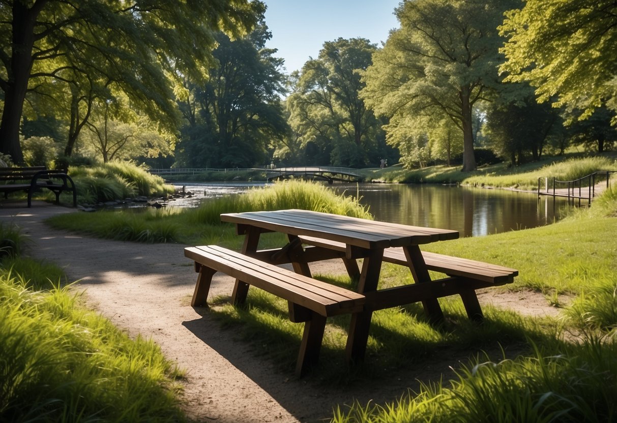 A lush green park with a winding river, shaded picnic tables, and a clear blue sky. Nearby, a small waterfall adds a soothing soundtrack to the tranquil scene