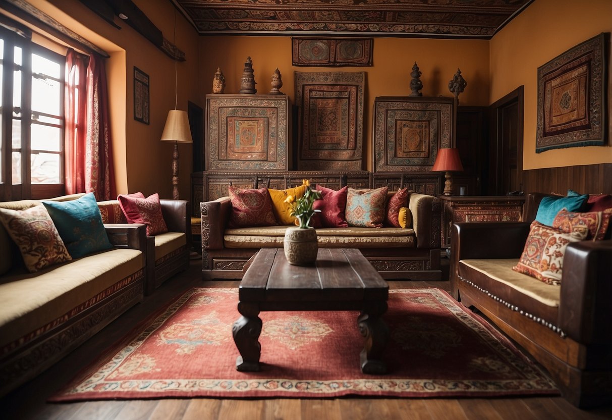 A cozy living room with traditional Tibetan furniture, including intricately carved wooden chairs and tables, adorned with colorful Tibetan rugs and tapestries