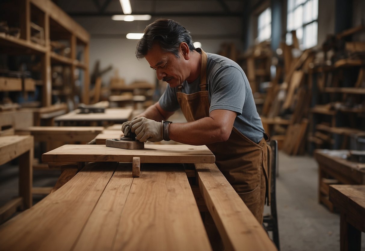 A teak furniture workshop with tools and materials, a craftsman sanding and polishing a teak chair, shelves displaying finished pieces