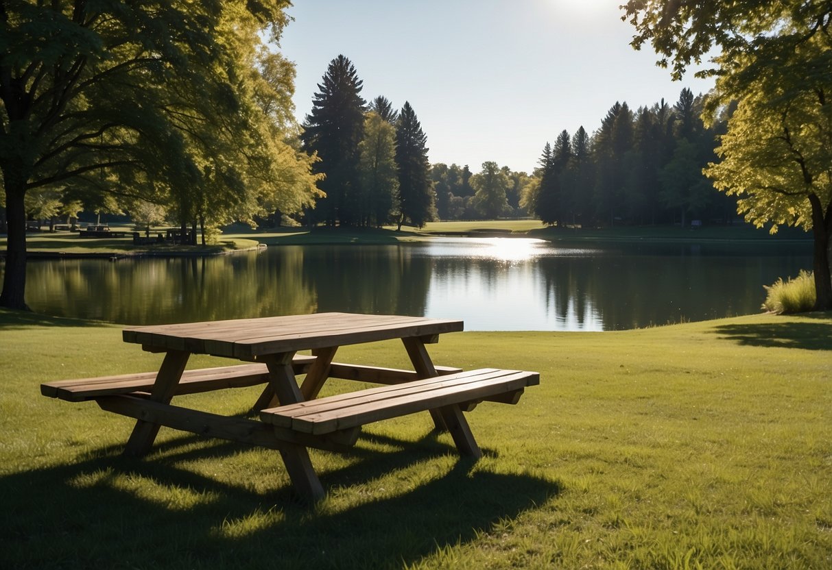 A sunny park with lush green grass, a sparkling lake, and a few shaded picnic tables. Nearby, a convenience store offers quick grab-and-go snacks