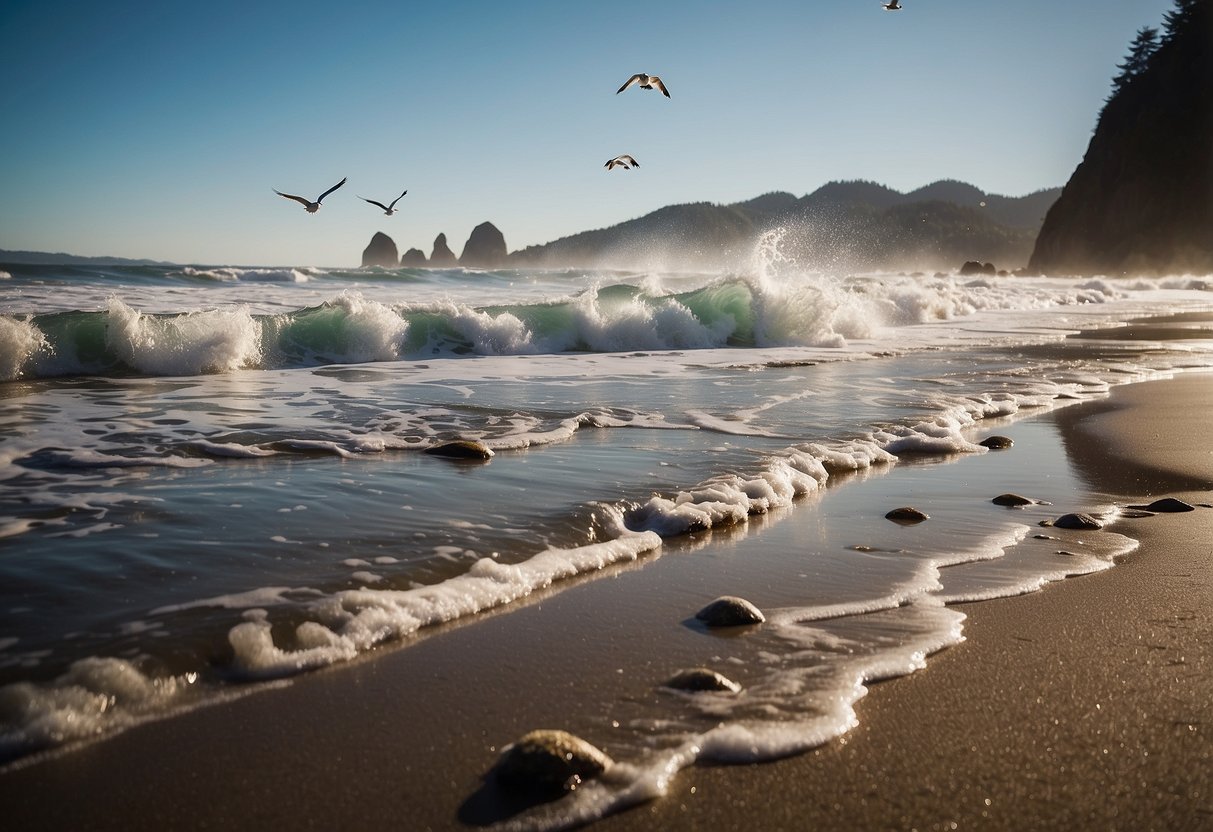 Glistening waves crash against the rocky shore at Cannon Beach, Oregon. Seagulls soar overhead as families enjoy picnics on the sandy coastline