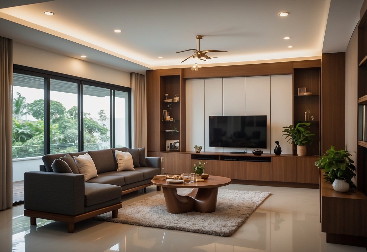 A cozy living room with custom-made teak furniture in Singapore, featuring a sleek dining table, elegant chairs, and a stylish cabinet
