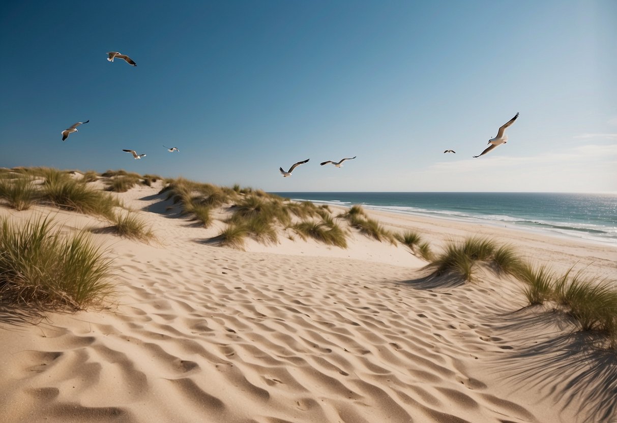 Golden sand dunes meet the sparkling blue waters of the Atlantic Ocean. Seagulls soar overhead as wild ponies graze in the distance. A peaceful beach setting with a backdrop of coastal beauty