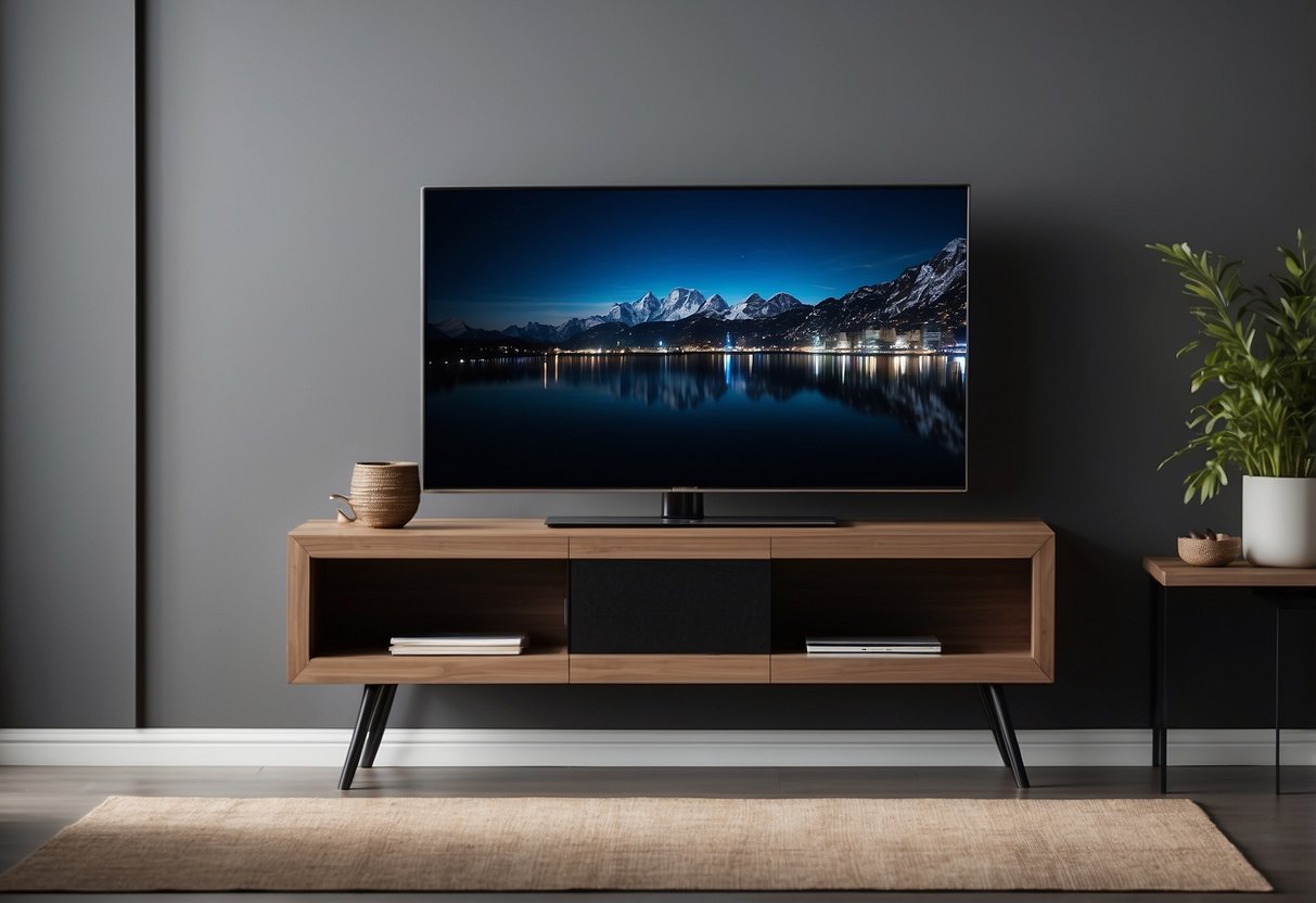 A modern TV stand with sleek lines and a minimalist design sits against the wall in a spacious, well-lit hallway