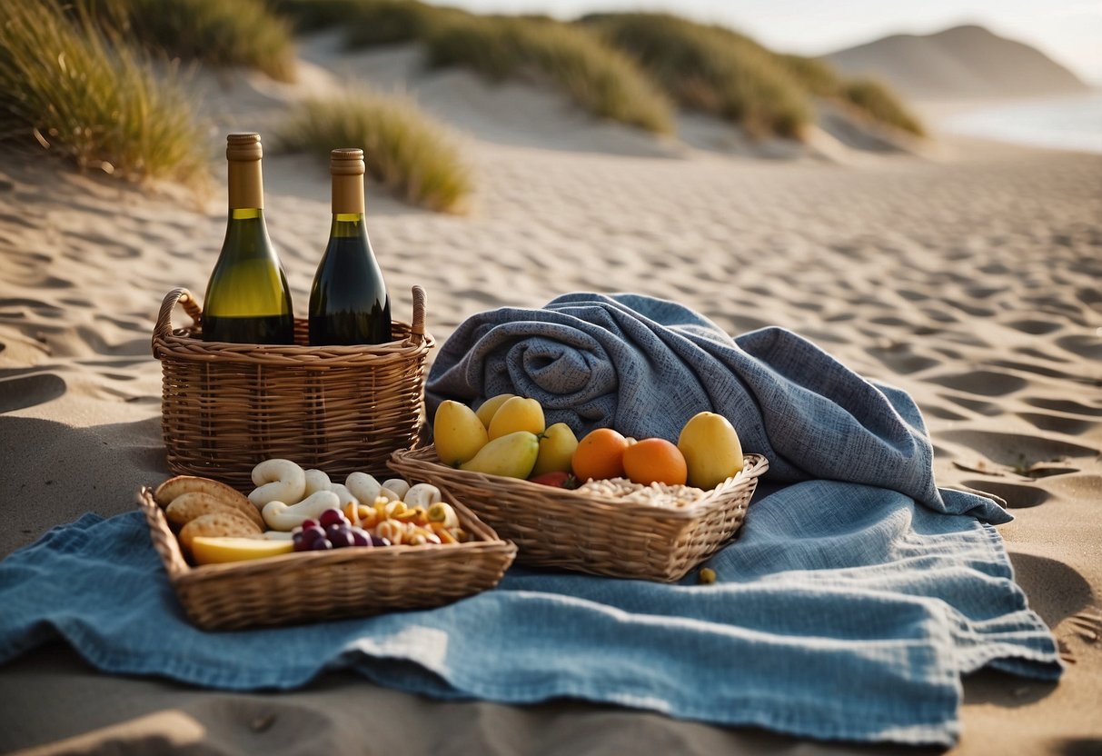 A serene beach with a colorful blanket spread out on the sand, surrounded by dunes and seagrass. A picnic basket, a bottle of wine, and a variety of delicious snacks are arranged on the blanket