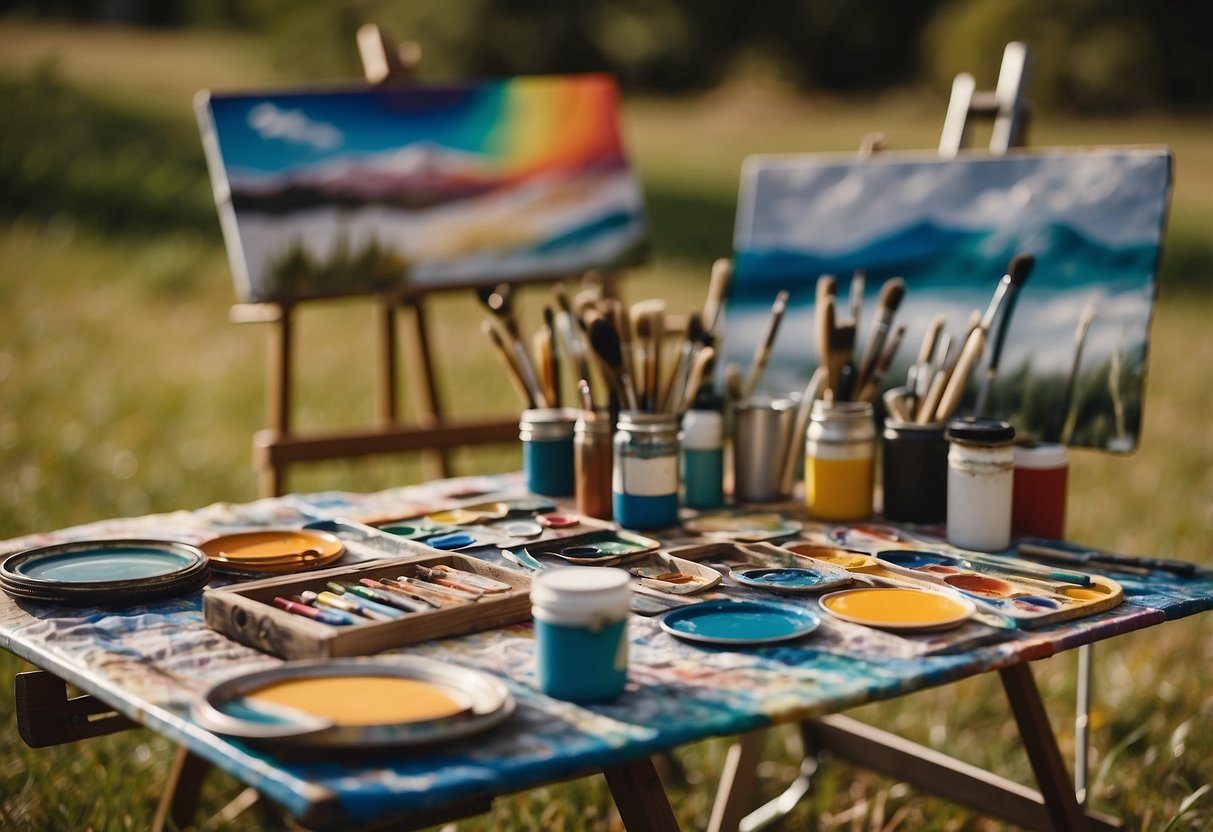 A colorful picnic blanket spread with paintbrushes, paint palettes, and art supplies. Easels and canvases set up for painting in a scenic outdoor setting