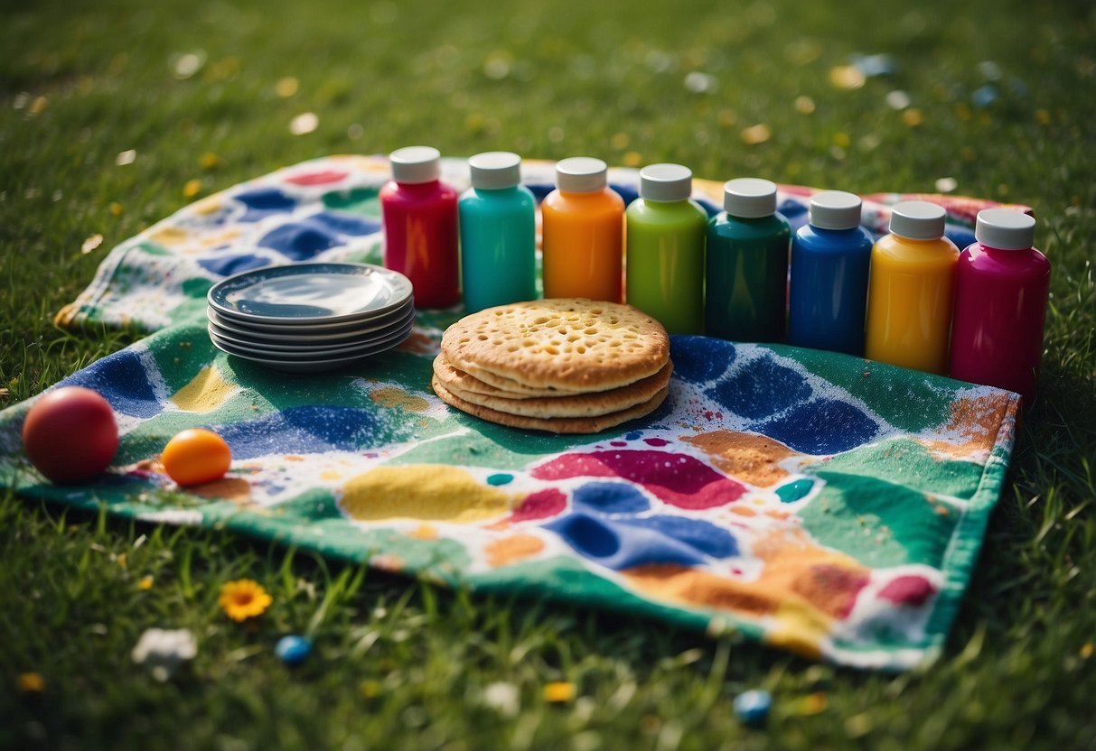 A picnic blanket with colorful paint splatter design spread out on green grass, surrounded by art supplies and snacks