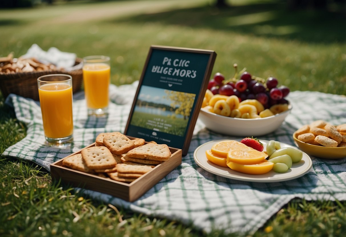 A picnic blanket spread with art history trivia cards and art-themed snacks, surrounded by a lush green park with trees and flowers in the background