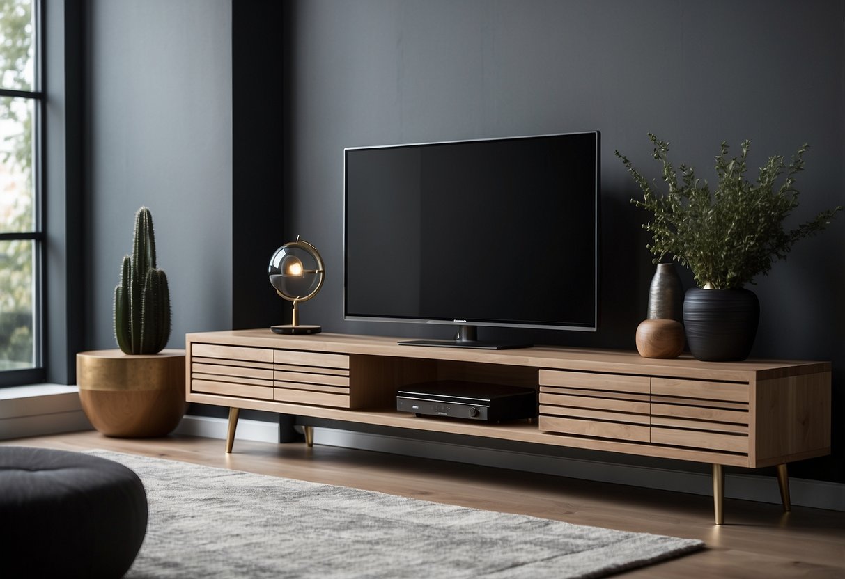A modern TV stand with sleek lines and minimalist design, surrounded by contemporary furniture in a spacious, well-lit room