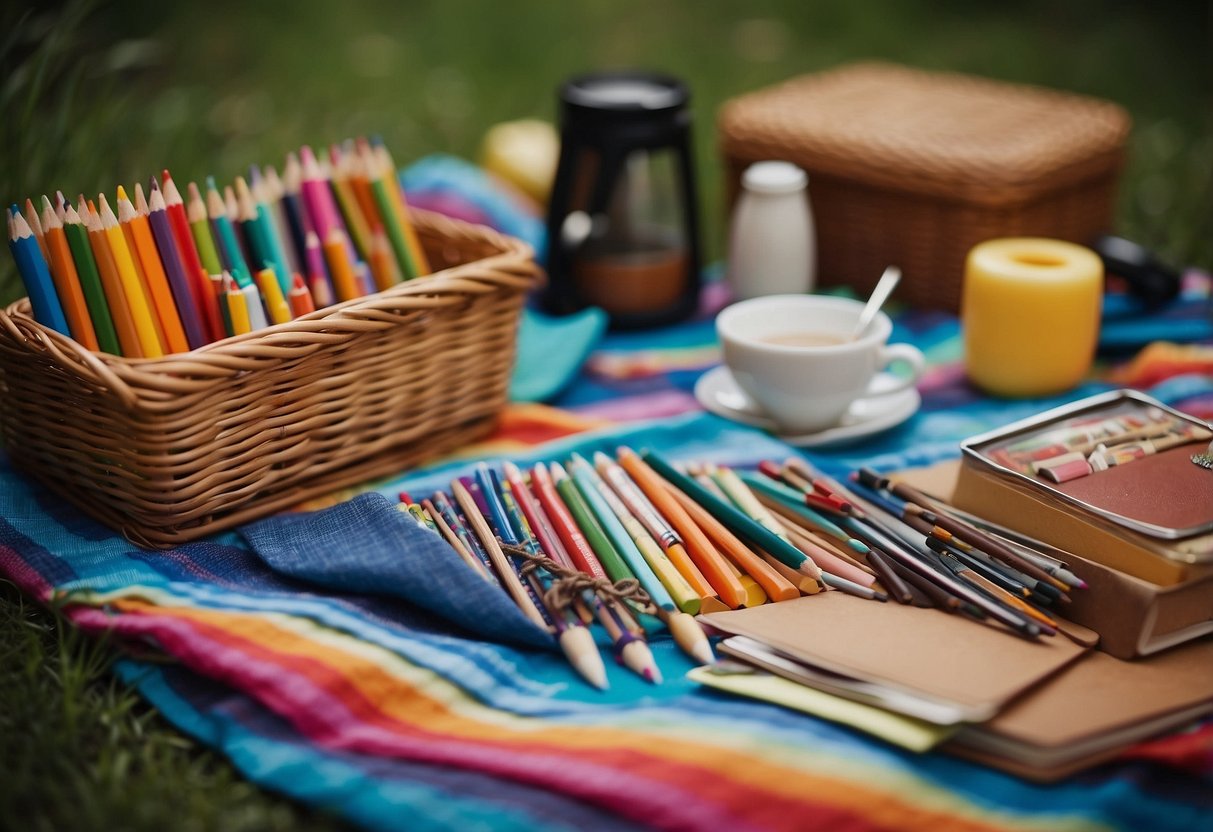 A colorful picnic blanket spread out with a basket of sketching pencils, surrounded by art supplies and nature