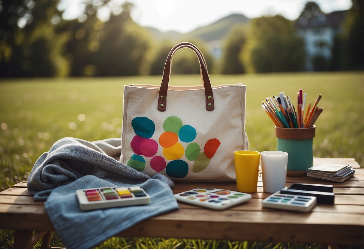 A canvas tote bag with artistic prints sits on a grassy picnic blanket surrounded by art supplies and a colorful palette