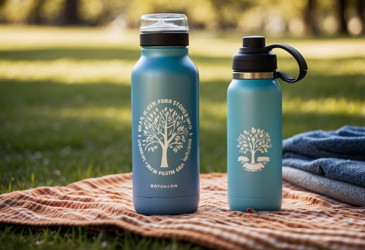 A reusable water bottle adorned with colorful artist's quotes sits among art supplies and a picnic blanket in a sunny park setting