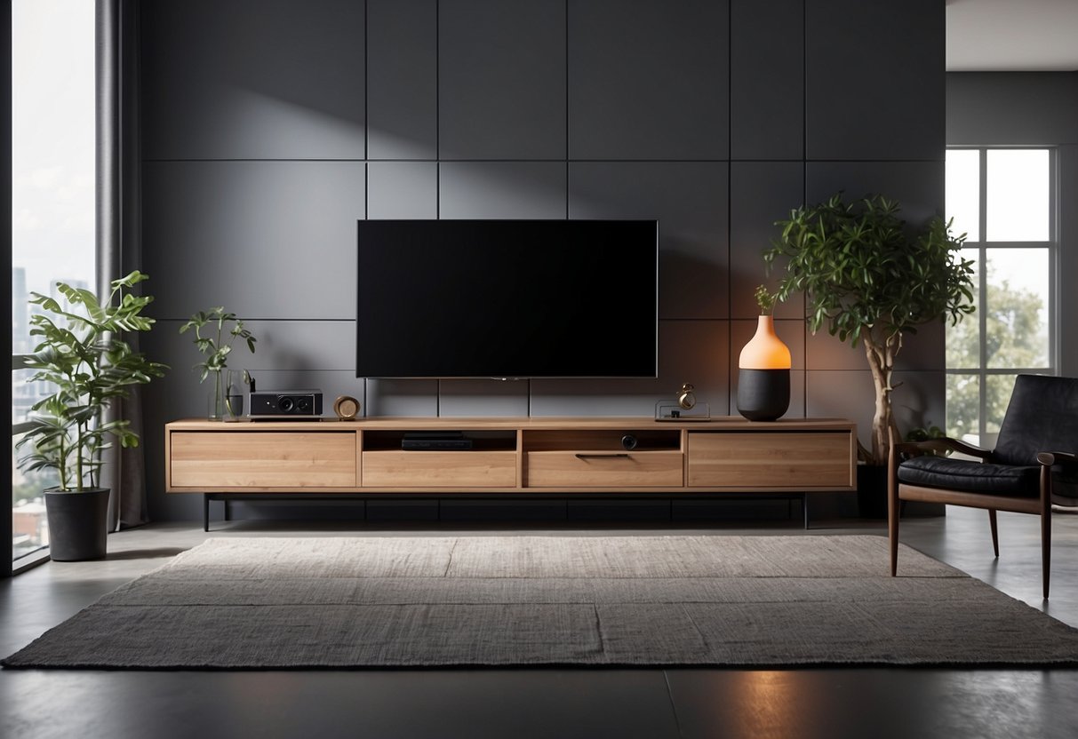 A modern TV stand holds a flat-screen TV, with shelves for media devices and storage compartments. The design is sleek and minimalist, with clean lines and a neutral color palette