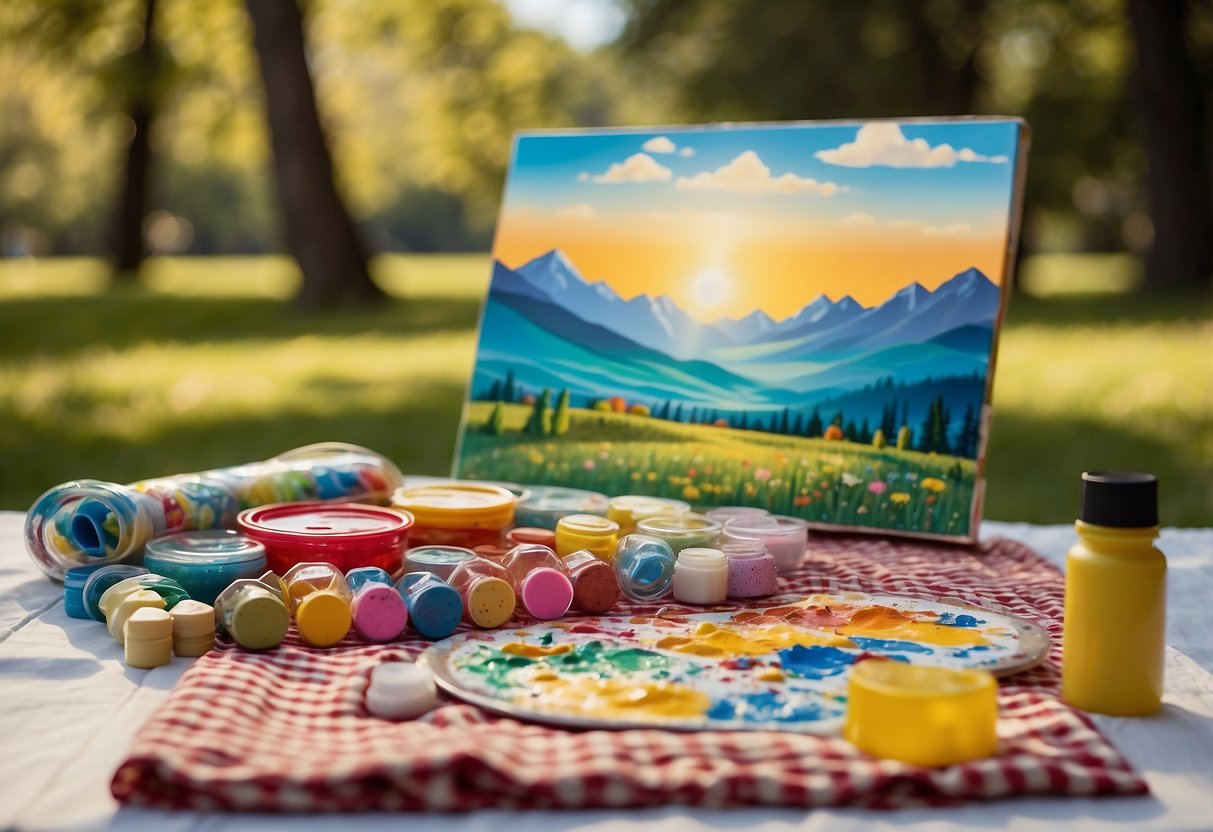 A picnic blanket spread out with a colorful finger paint kit and art supplies, surrounded by nature and a sunny sky