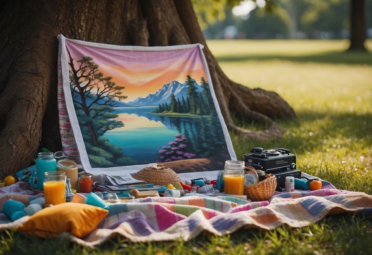 A colorful picnic blanket spread out under a tree, surrounded by art supplies and finished paintings, with a quote print displayed prominently