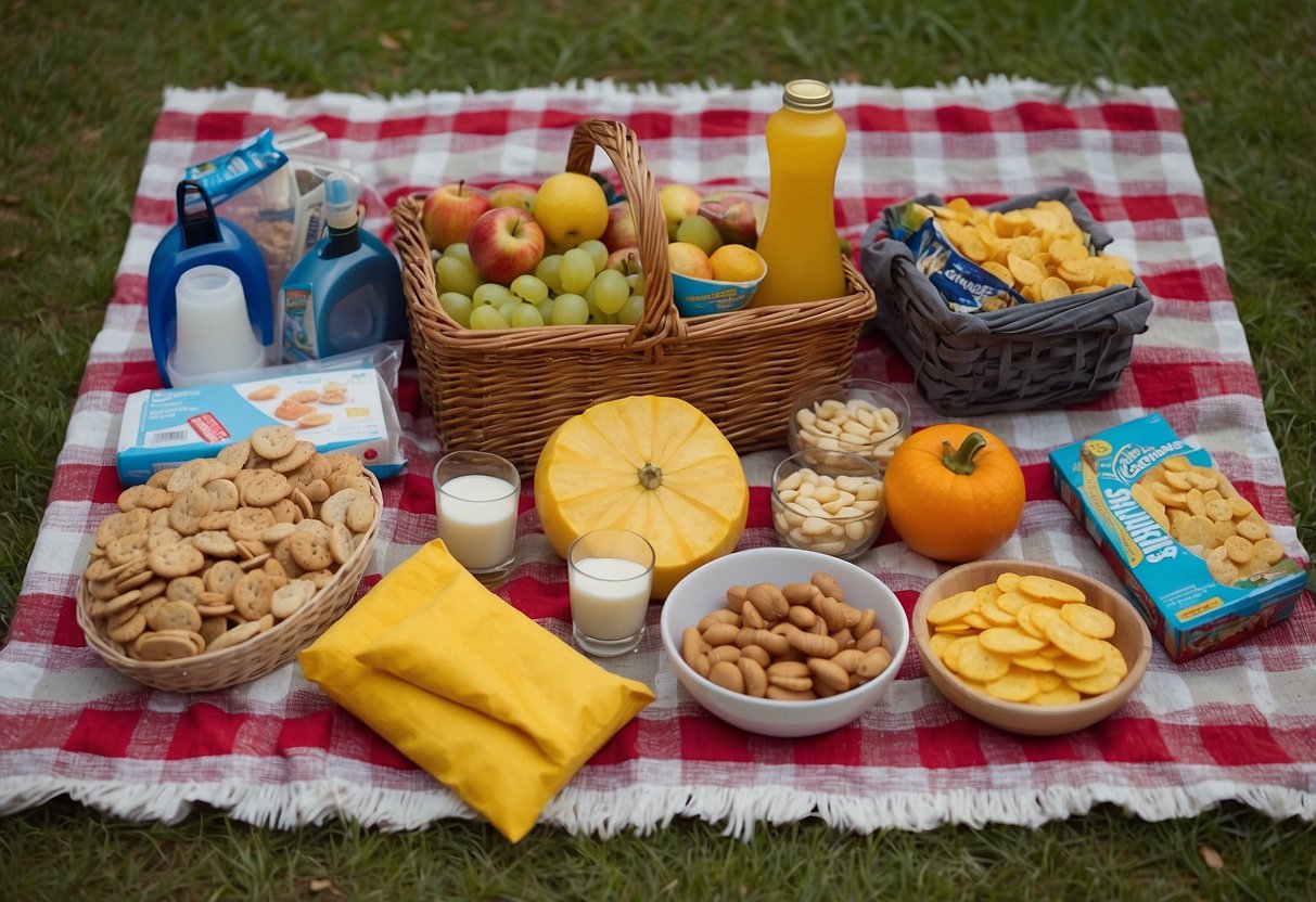 A colorful array of art supplies spread out on a checkered picnic blanket, surrounded by nature and a basket filled with snacks and drinks