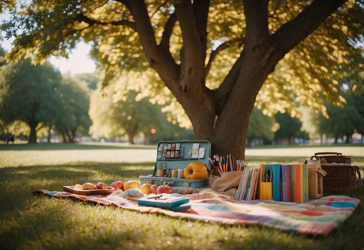 A colorful picnic blanket spread out under a large tree, surrounded by art supplies and easels. A gentle breeze rustles the leaves as birds chirp in the background