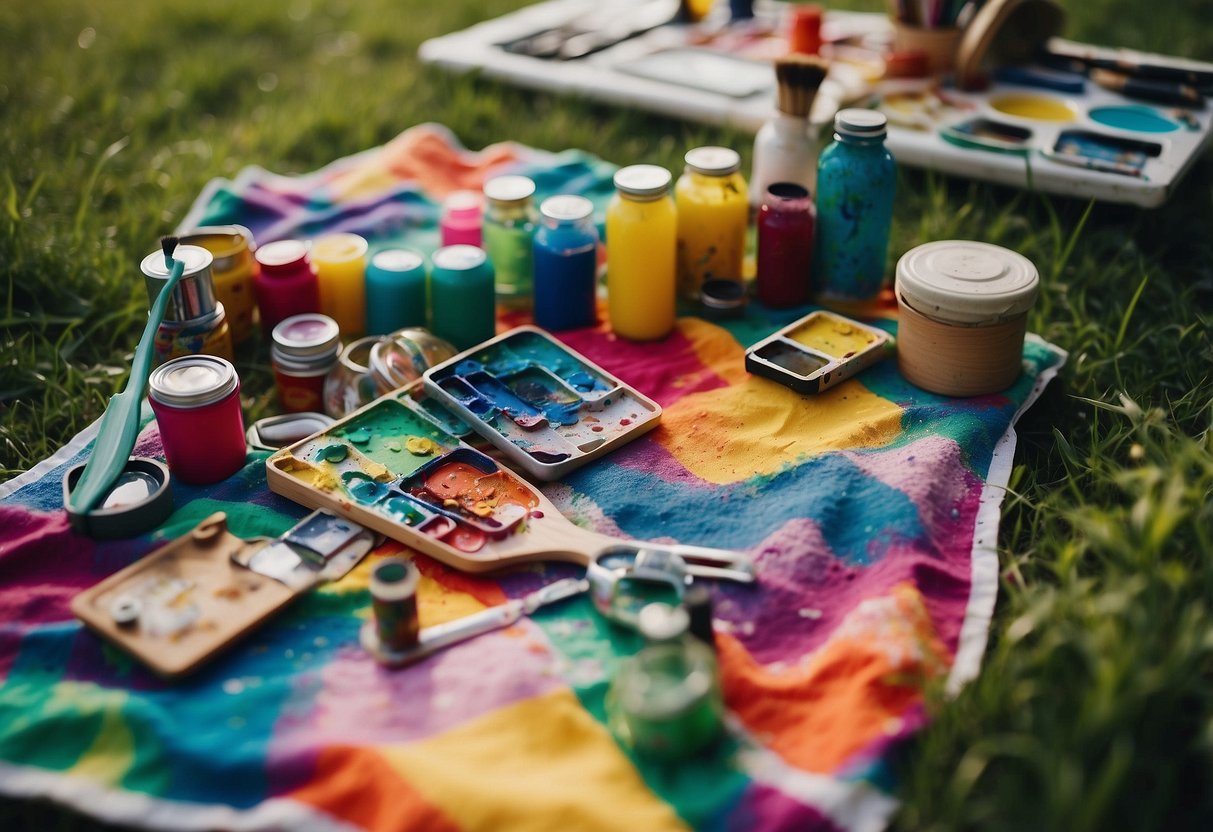 A colorful picnic blanket spread out on lush green grass, surrounded by various art supplies and canvases. Paintbrushes and palettes are scattered around, with vibrant paint splatters adding a playful touch to the scene