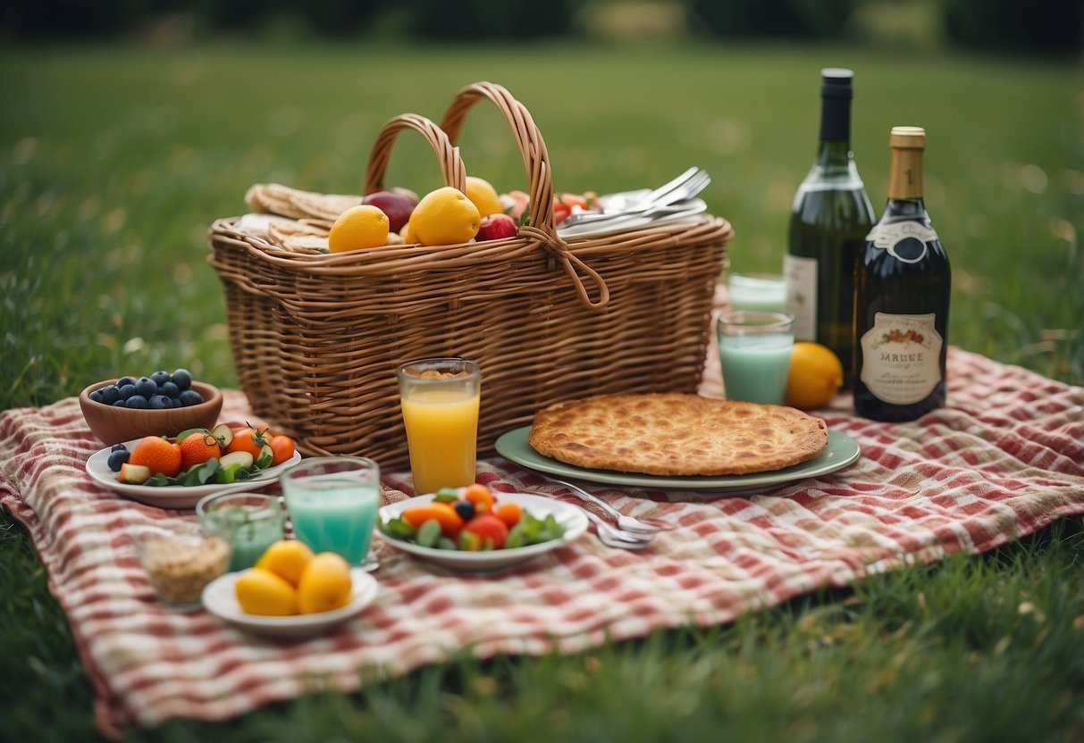 A colorful picnic blanket spread out on green grass with a basket filled with food, drinks, and utensils. Nearby, festive decorations and music create a lively atmosphere