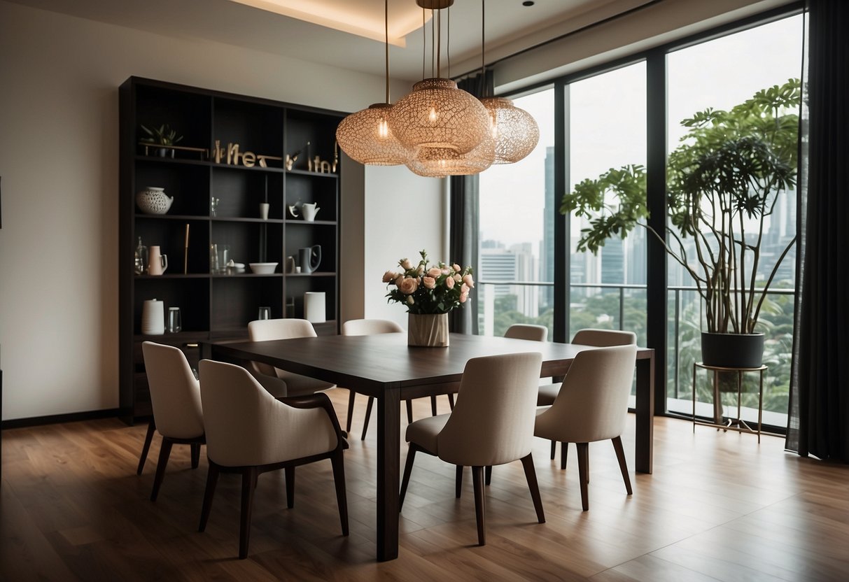 A modern dining room in Singapore, with a sleek wooden table, matching chairs, and a statement chandelier hanging from the ceiling