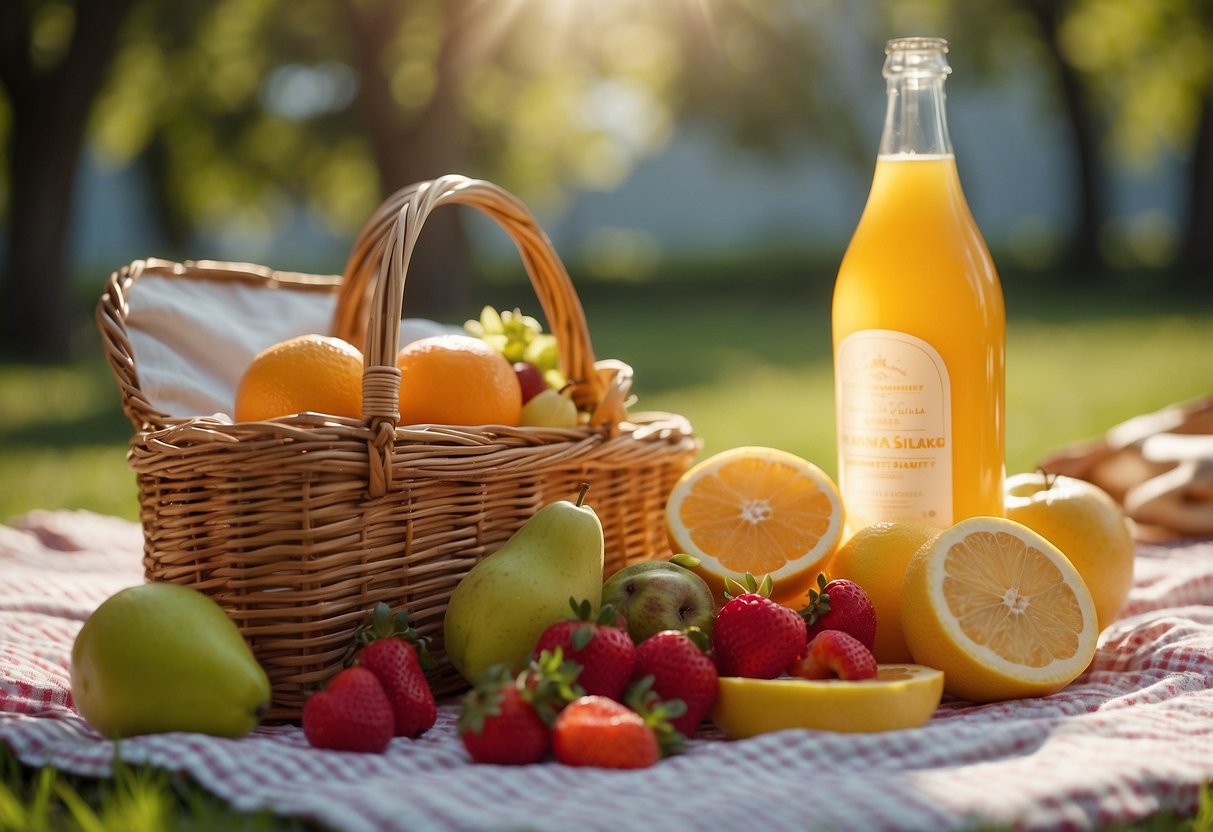 A picnic blanket spread under a bright sun, with a bottle of SPF 50 sunscreen, a basket of fruits, and a cooler filled with refreshing drinks