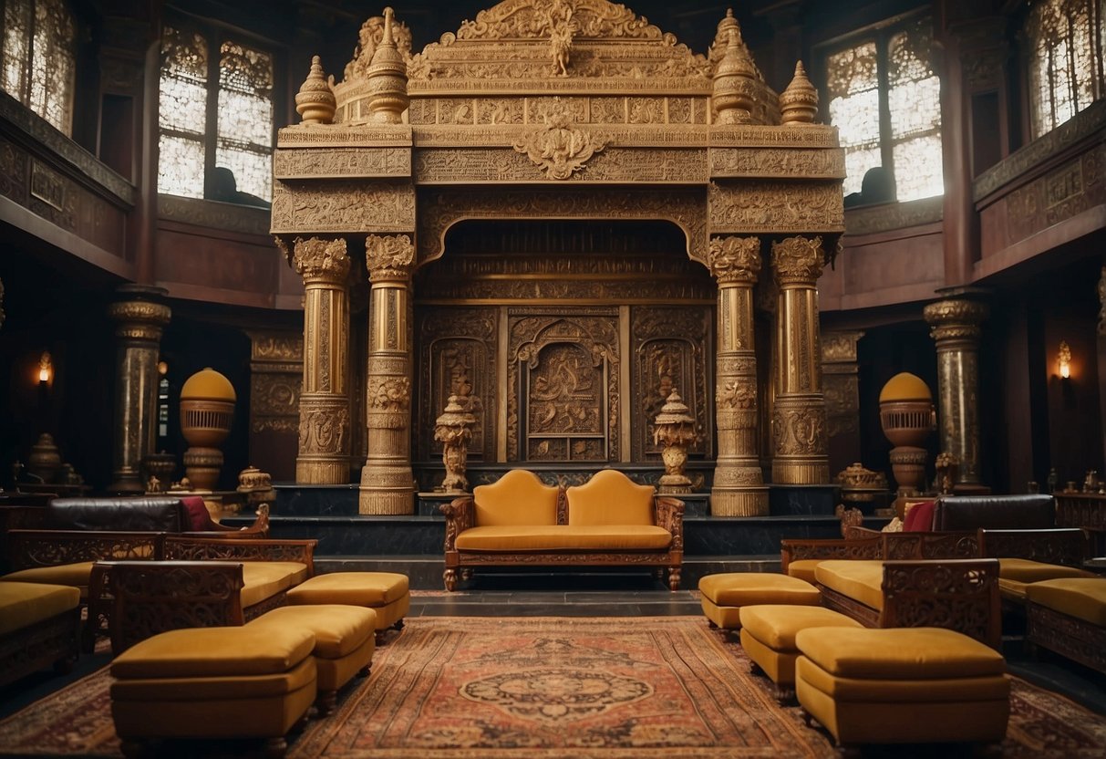 A grand temple with ornate furniture and intricate carvings. Rich colors and luxurious fabrics adorn the seating and altars