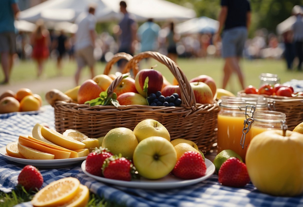 A picnic blanket spread with a colorful array of fresh fruits, surrounded by festive decorations and a bustling crowd at a festival