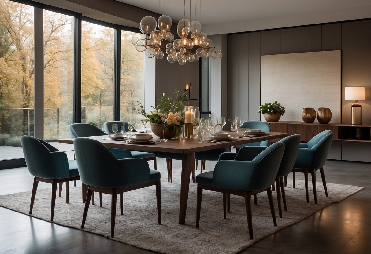 A dining room with modern furniture, sleek lines, and minimalist design. A large, rectangular dining table surrounded by matching chairs. A sideboard against one wall, displaying elegant dinnerware