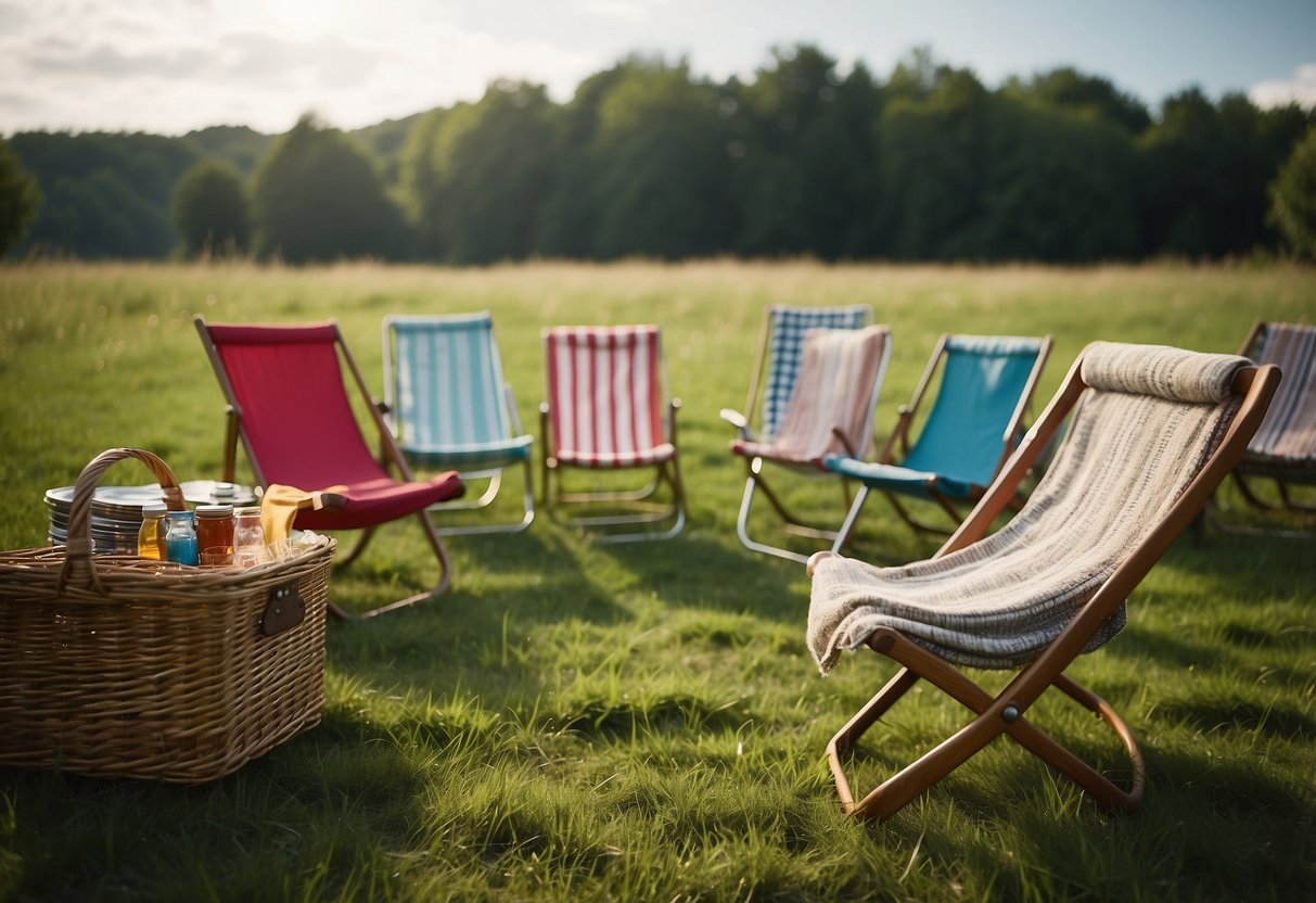 A group of colorful folding chairs arranged in a grassy field with a picnic basket and blanket nearby, surrounded by a festive atmosphere