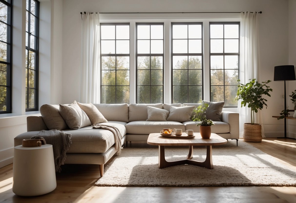 A white living room with a cozy sofa, sleek coffee table, and minimalist decor. Sunlight streaming in through large windows, creating a bright and airy space