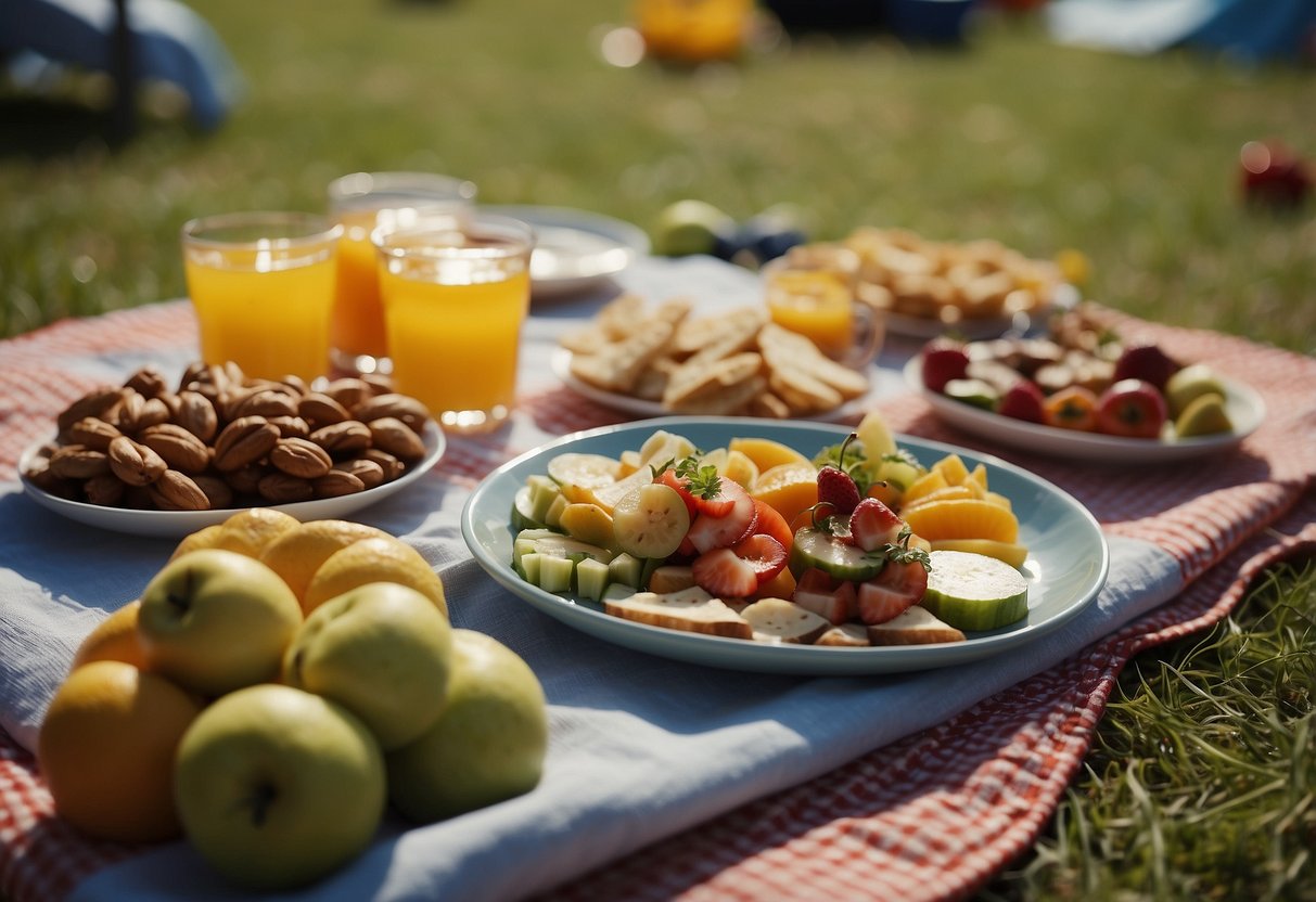 A picnic blanket spread out with a variety of finger foods, fruits, and snacks neatly arranged. A festival in the background with colorful tents and music playing