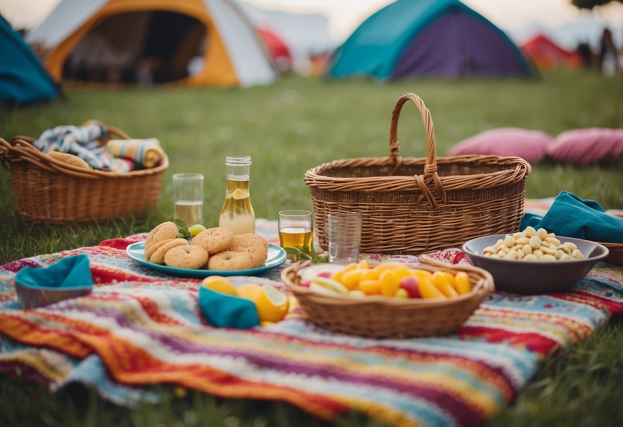 A grassy clearing in a bustling festival, surrounded by colorful tents and lively music. A patchwork blanket is spread out, adorned with a wicker basket filled with delicious snacks and drinks