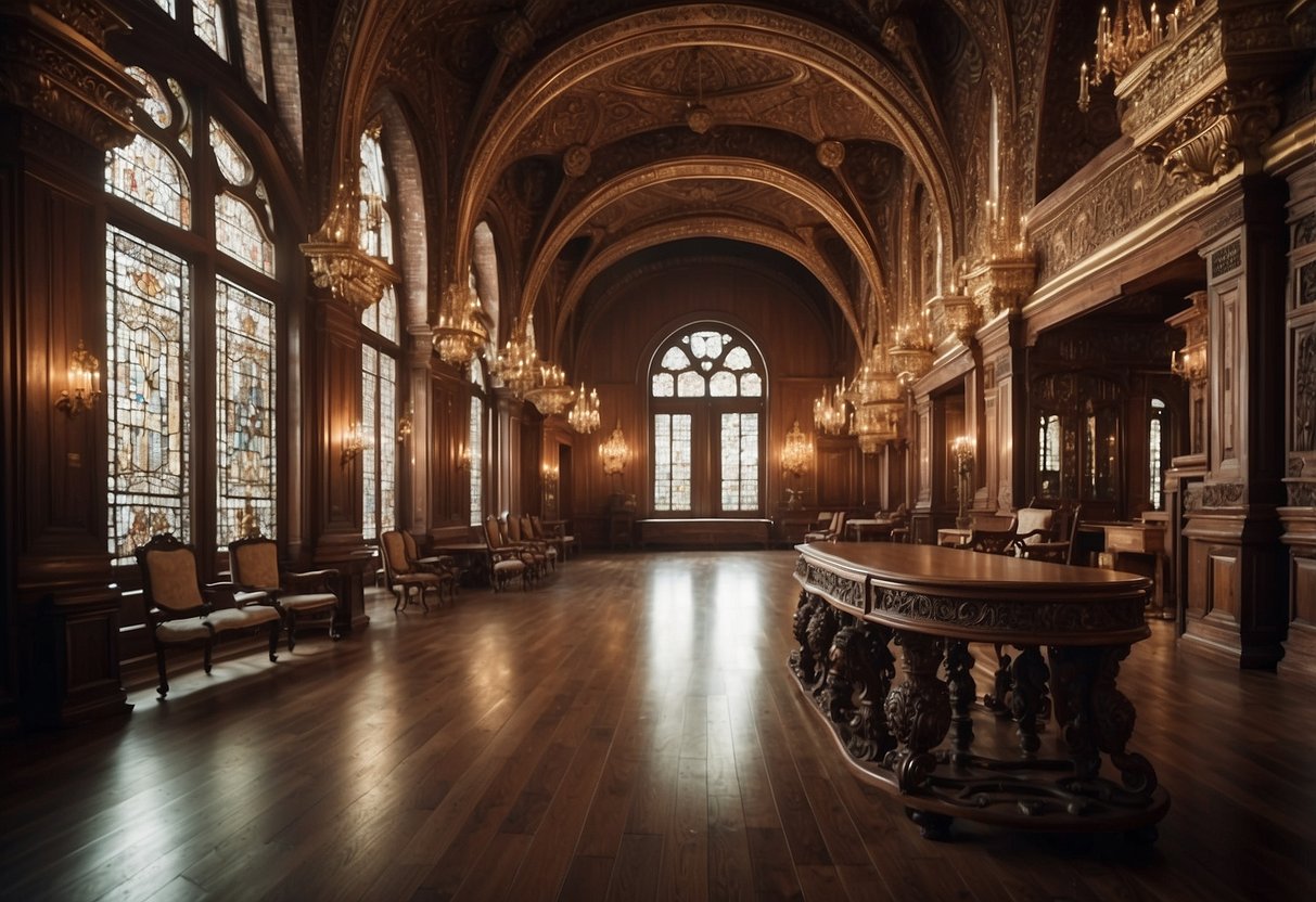 A grand hall with ornate, carved furniture in rich wood tones. Intricate details and religious symbols adorn each piece, creating a sense of reverence and history