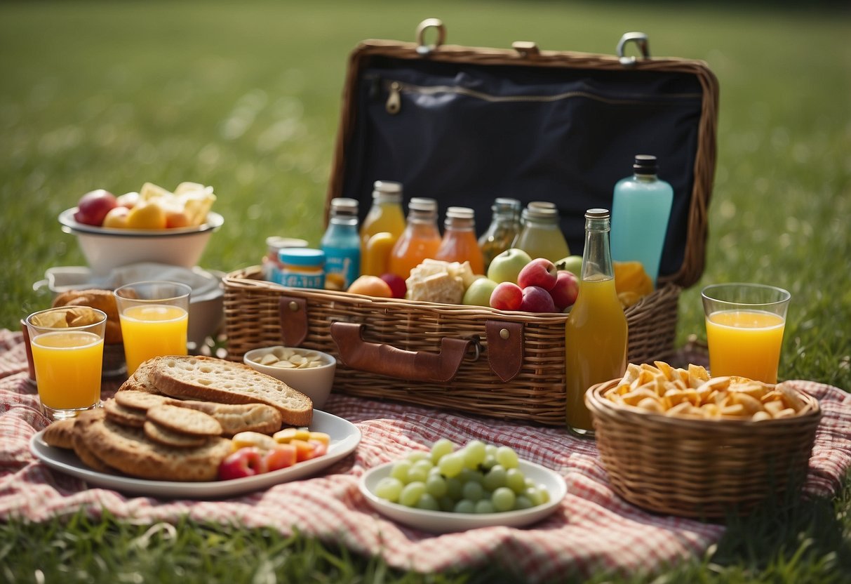 A colorful picnic blanket spread out on lush green grass, surrounded by a wicker basket, a cooler, and a selection of delicious snacks and drinks