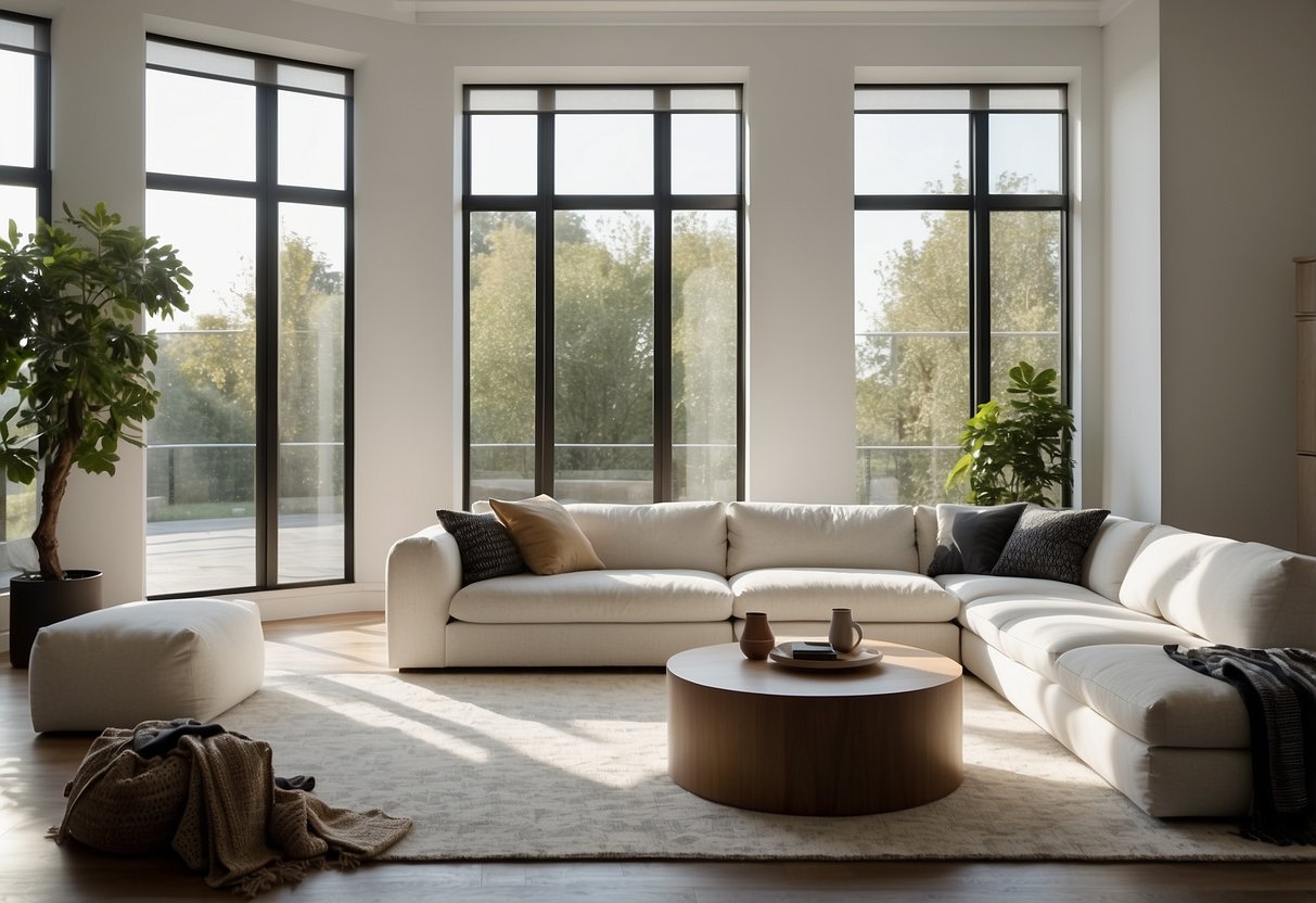 A white living room with a sleek sofa, minimalistic coffee table, and soft area rug. Sunlight streams in through large windows, illuminating the clean, modern space