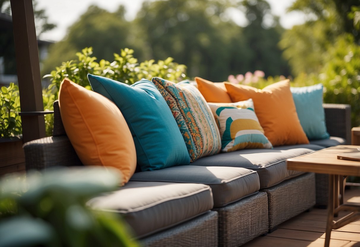 Colorful outdoor furniture pillows arranged on a cozy patio set, surrounded by lush greenery and bathed in warm sunlight
