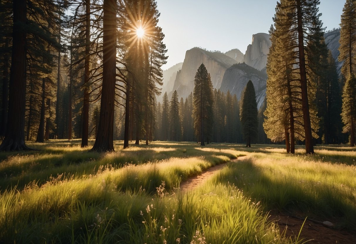 Lush meadows, towering trees, and winding trails surround serene picnic spots in Yosemite National Park. The sun casts a warm glow on the landscape, inviting hikers to explore the natural beauty