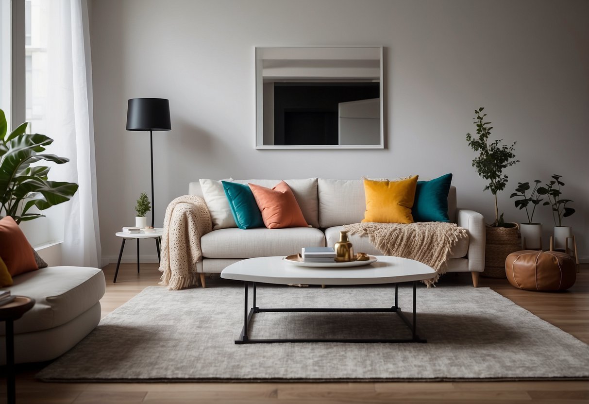 A white living room with a cozy sofa, adorned with colorful throw pillows and a soft, plush rug. A sleek coffee table with decorative accents and a stylish floor lamp complete the modern look