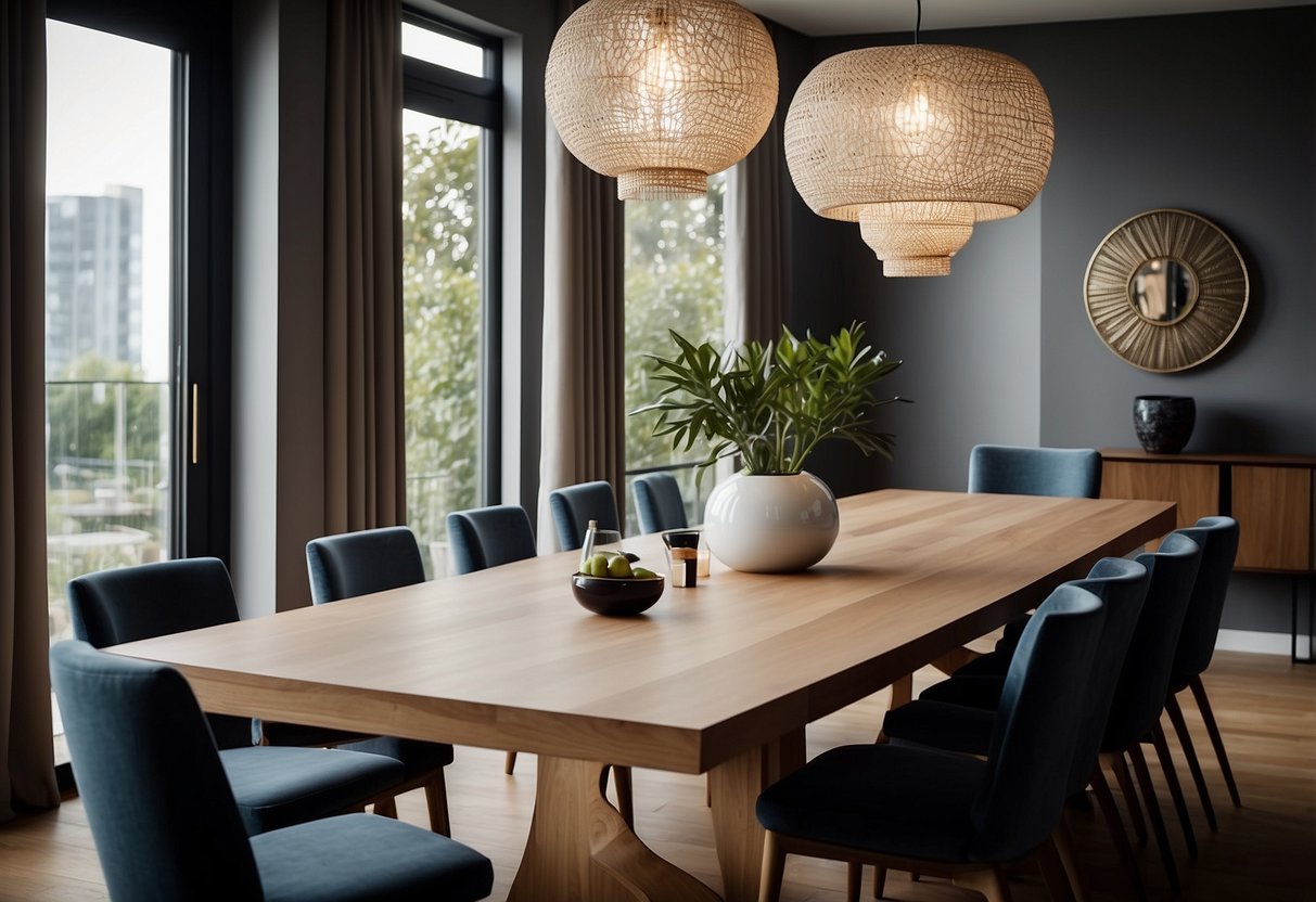 A dining table with modern chairs, a sleek sideboard, and a stylish pendant light create a functional and inviting dining room