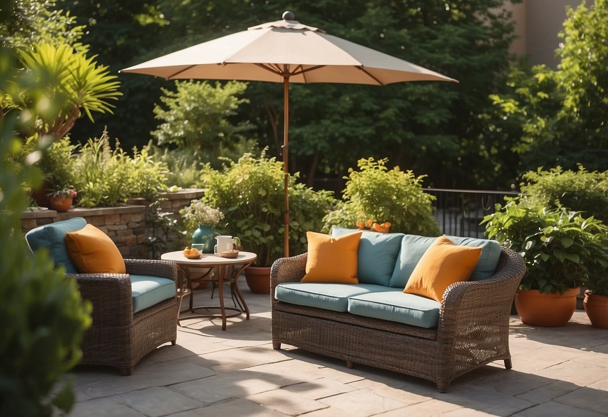 A cozy outdoor setting with colorful pillows arranged on patio furniture, surrounded by lush greenery and warm sunlight