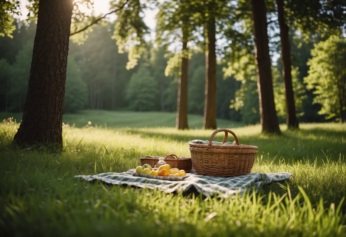 A lush green meadow surrounded by towering trees, with a winding hiking trail leading into the distance. A picnic blanket and basket sit in the foreground, ready for a relaxing day in nature