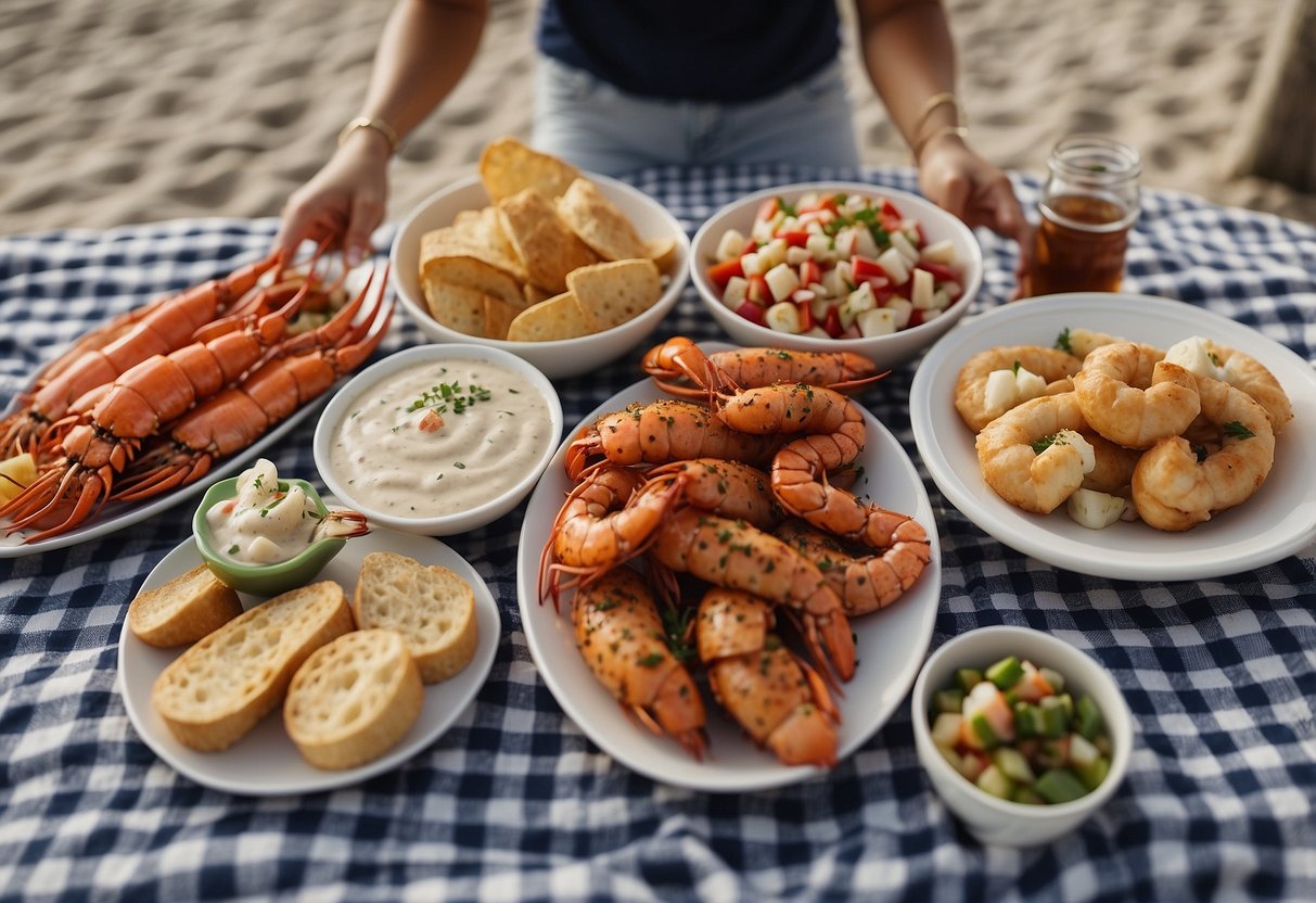 A spread of seafood dishes on a checkered picnic blanket by the beach, with lobster rolls, shrimp skewers, and clam chowder