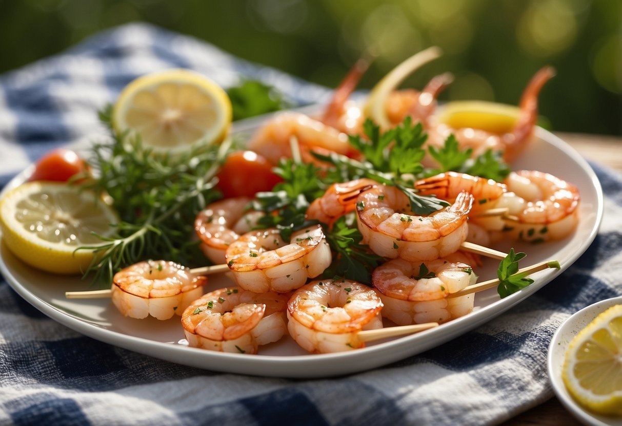 A platter of garlic butter shrimp skewers surrounded by fresh herbs and lemon slices, set on a checkered picnic blanket in a sunny outdoor setting