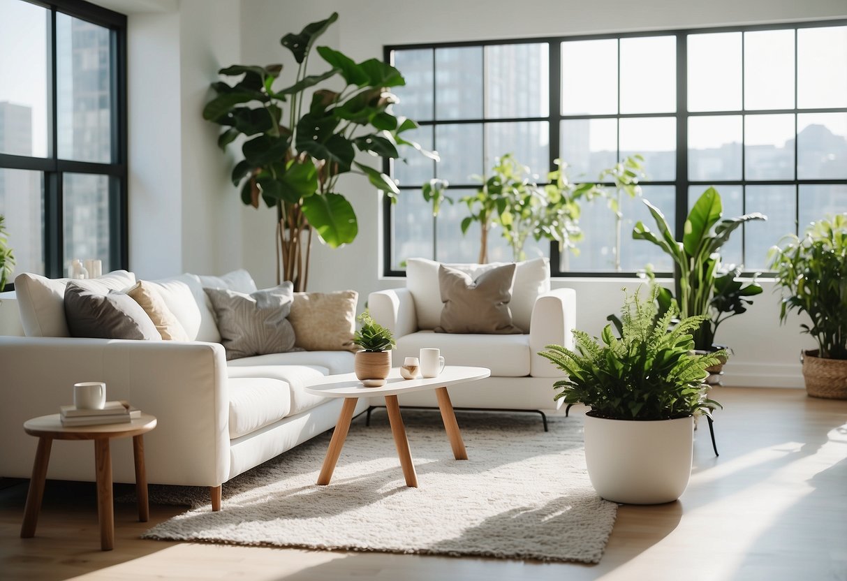 A bright, airy living room with white furniture arranged in a modern, minimalist style. Large windows let in plenty of natural light, and potted plants add a touch of greenery to the space