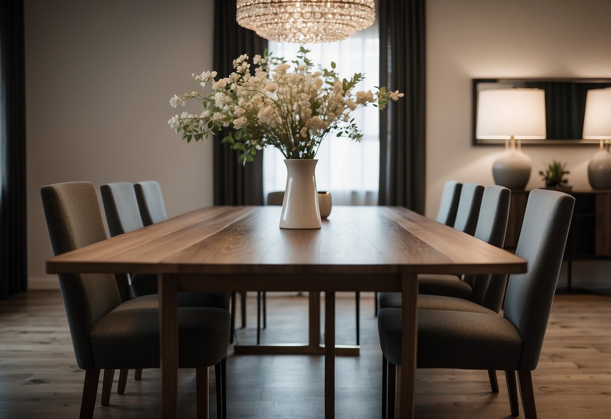 The dining room is elegantly set with a sleek wooden table and chairs, adorned with minimalist decor and soft lighting
