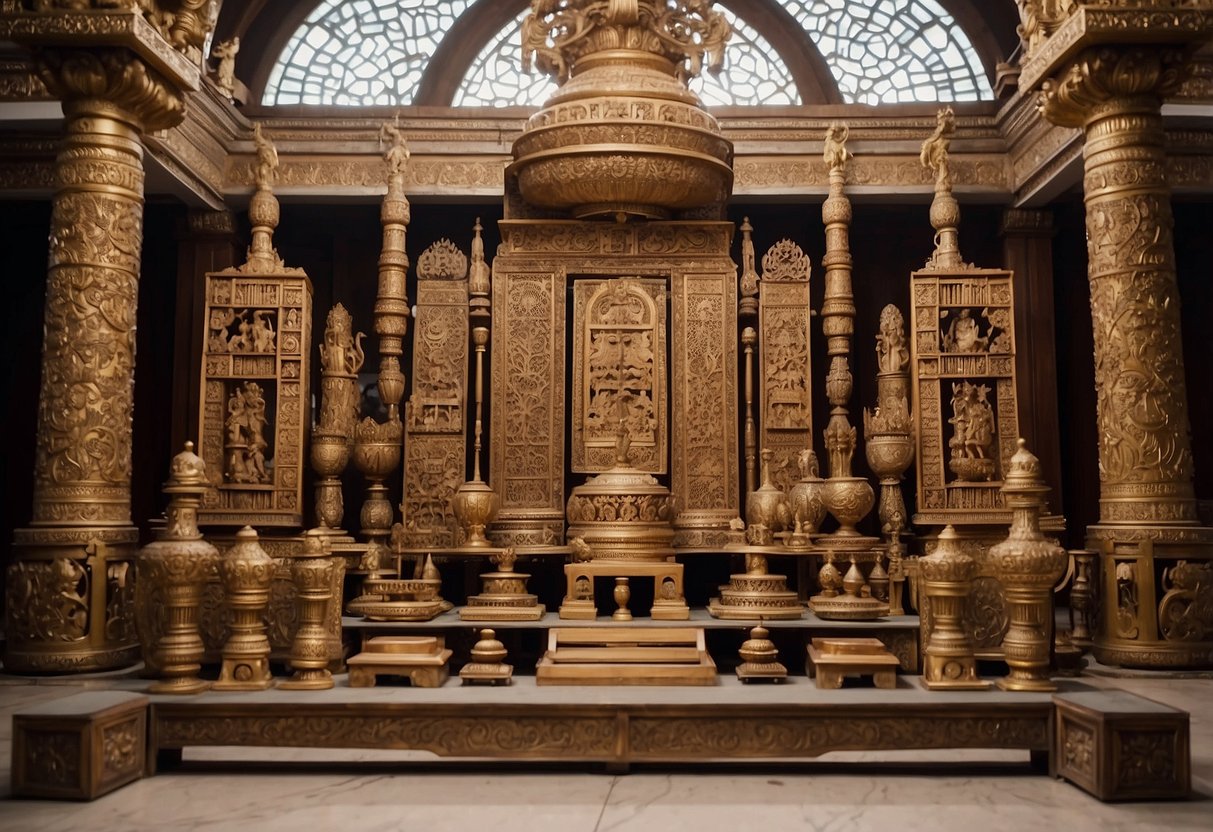 The temple furniture stands in a grand hall, surrounded by intricate carvings and ornate decorations. The pieces are arranged in a symmetrical and orderly manner, creating a sense of reverence and solemnity