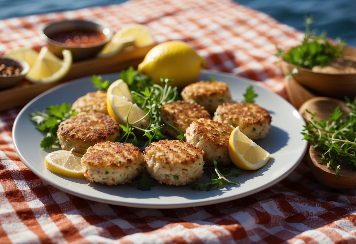 A platter of crab cakes drizzled with spicy mayo, surrounded by lemon wedges and fresh herbs, set on a checkered picnic blanket by the sea