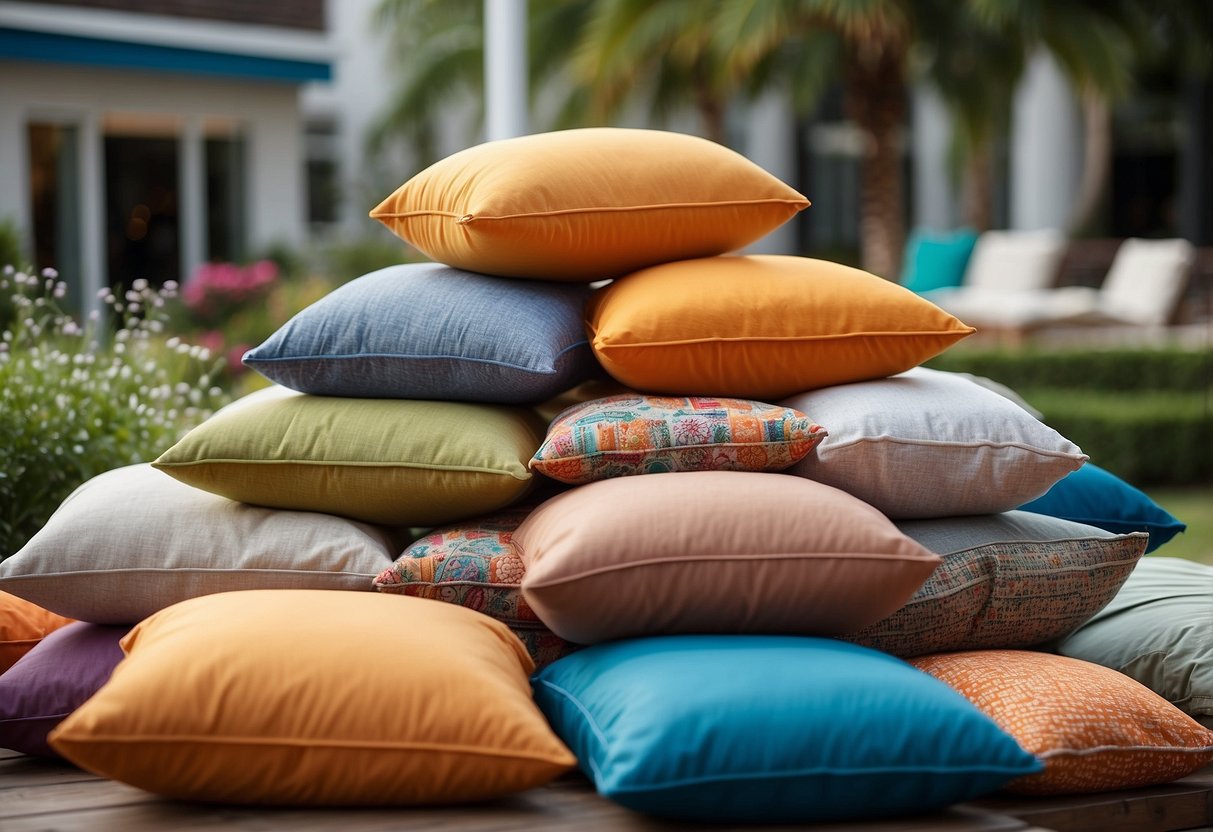 A colorful display of outdoor furniture pillows with "Special Offers" signs, alongside a maintenance kit